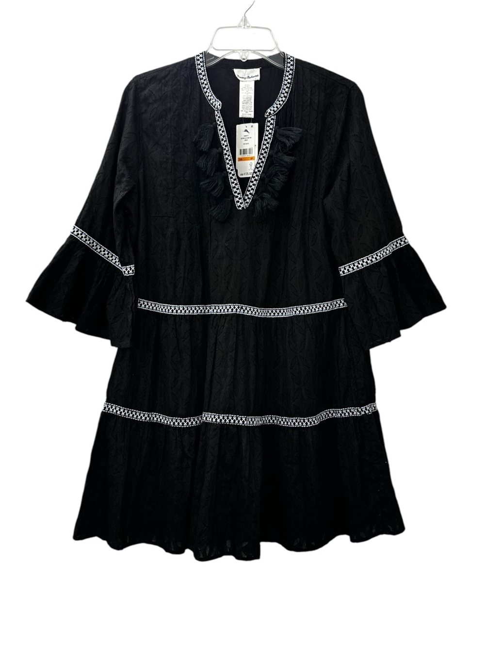 NWT Tommy Bahama Dress Black Cotton Tiered Boho Fringe Neckline Women’s Small